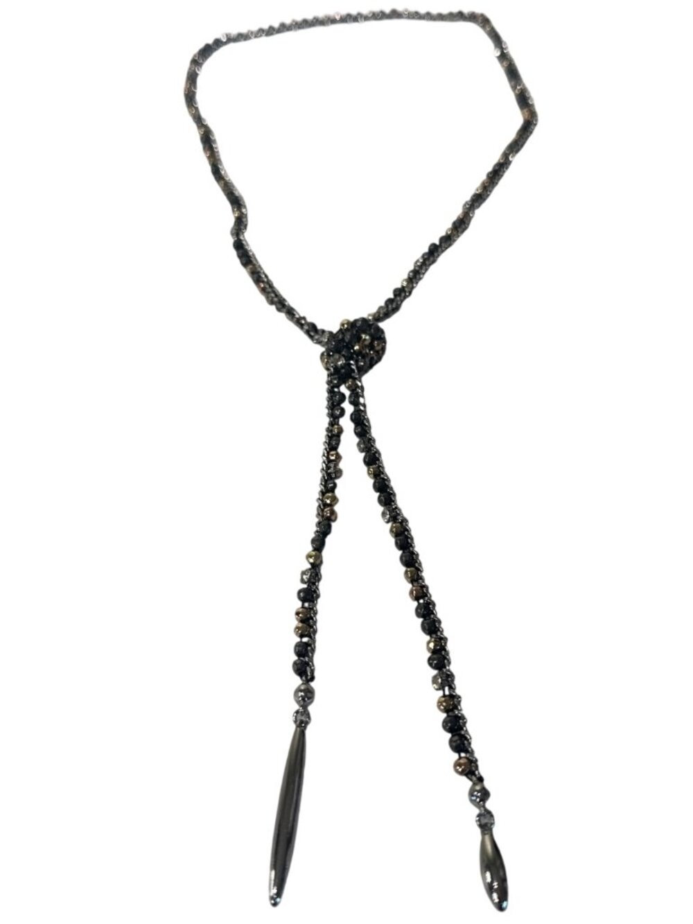 Beaded Lariat Necklace Metallic Accents Rhinestones & Knot Detail 34" Long